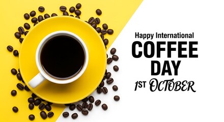 Happy international coffee day celebration with a cup and beans