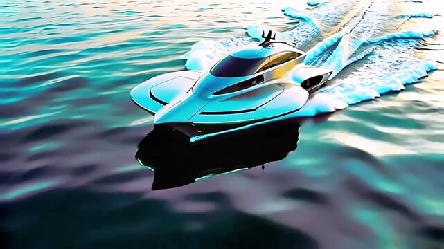 A futuristic boat sailing on a calm body of water, casting a reflection on the surface. The boat has a modern design with a curved, aerodynamic shape in a striking blue color.