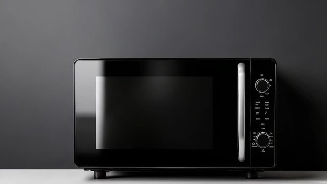 Modern black microwave with silver handle on dark background Small appliance for cooking, heating food