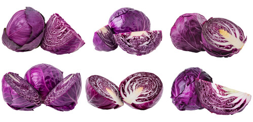 red cabbage collection isolated on white background.