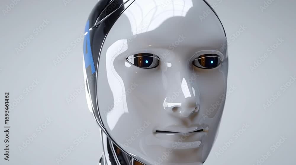 Poster intelligent automaton portrait: a sophisticated robot head gazes forward with a contemplative expres