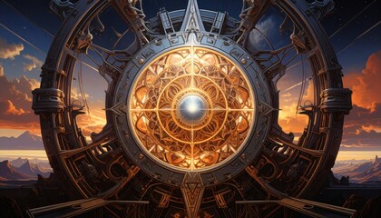 Fototapeta premium A magnificent, intricate, steampunk-inspired wheel structure, with a detailed golden center, overlooks a desert landscape at sunset.