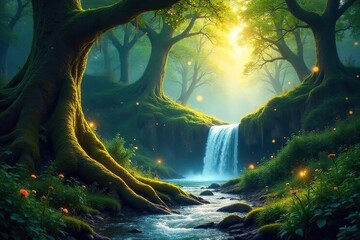 Magical Waterfall in Enchanted Woodland Ethereal Sunlight Illuminates Ancient Trees Draped in Glowing Moss, Creating a Serene and Mystical Forest Scene.
