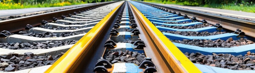 An angled view of railway tracks stretching into the distance, featuring vibrant yellow and blue accents against a backdrop of greenery.