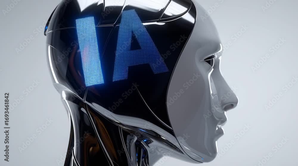 Poster a futuristic depiction of a robot's head with the initials ia inscribed on its surface, representing