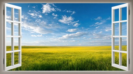 Open Window View to Green Garden and Nature Landscape