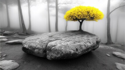 Solitary yellow tree atop a stone, amidst a tranquil monochrome forest landscape, radiating