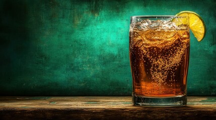 Refreshing dark beverage in a tall glass with ice and lemon slice against a textured backdrop