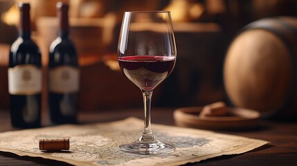 Red wine glass, bottles, and aged map.  Rich, dark hues in a cellar
