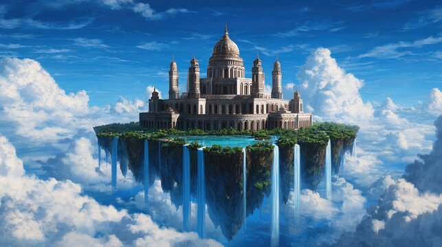 A majestic floating castle amidst clouds, featuring lush greenery and cascading waterfalls, creating a serene and magical atmosphere.