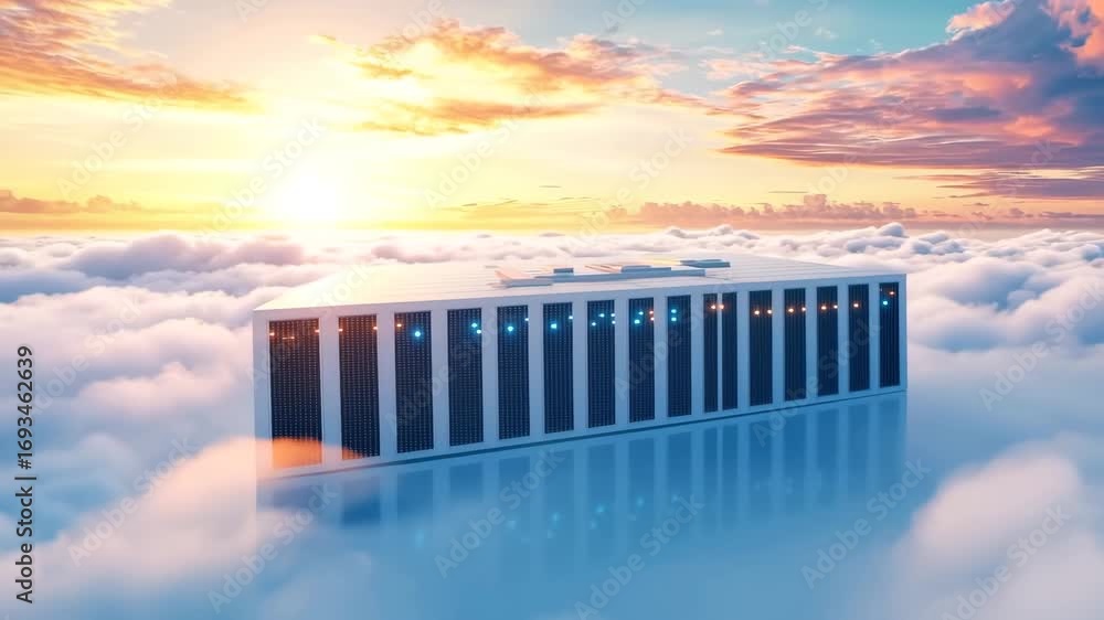 Poster cloud computing server data center floating above clouds at sunrise, futuristic technology and digit