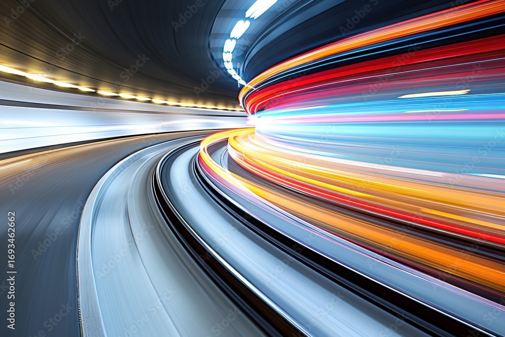 Poster a vibrant, abstract image of light trails in a curved tunnel, evoking speed and motion through dynam