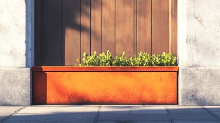 Urban outdoor botanical display with rustic planter against textured wall backdrop