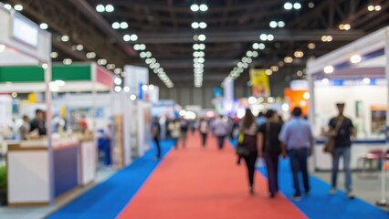 Fototapeta premium Blurred view of an exhibition hall with a red carpet, booths on the sides, and people walking through the space.