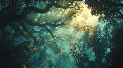 Mystical canopy light filtering through dense foliage creating ethereal atmosphere
