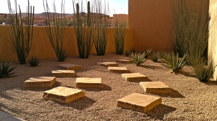 Serene desert landscape featuring a stone pathway amidst xeriscaping elements in golden light