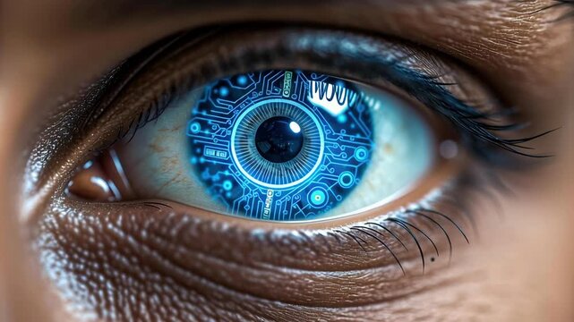 Cyber eye biometric lens circuit with iris closeup, pupil focus and eyelash detail, human skin texture, microchip pattern interface for healthcare