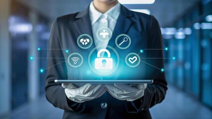 Iot security medicine cyber defense for healthcare doctor holding tablet, data privacy icon, smart hospital network, device safety, trust - Powered by Adobe