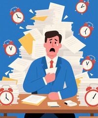 Stressed office worker under immense pressure from a heavy workload and ticking clocks