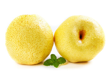 Fresh Dangshan White Pears from Anhui China with Mint on White Background
