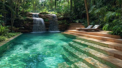 Stickers Toilet Serene pool, waterfall, & lush tropical garden oasis  © bulegendut