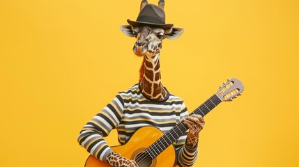 Whimsical giraffe musician strumming guitar wearing a stylish hat and striped shirt against vibrant yellow background
