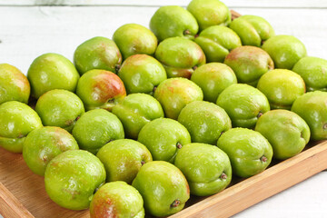 Freshly Picked Green Pears with Red Blush on Wooden Tray - Xinjiang Premium Fruit Showcase