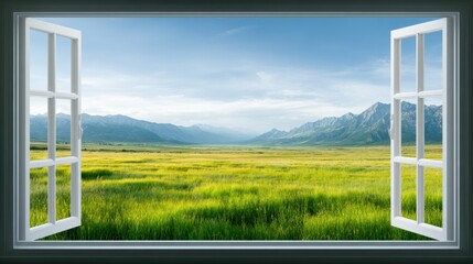 Open Window View to Green Garden and Nature Landscape