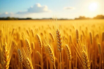 Fototapeta premium Golden wheat field ripe for harvest, sunlit stalks swaying gently in the breeze Abundant crop, rich color, rural landscape, autumnal scene , golden wheat, yellow wheat, wheat