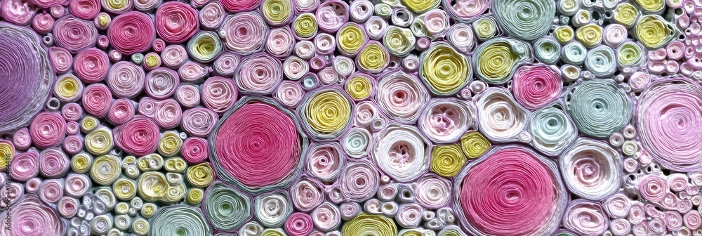 Poster brightly colored paper spirals in various sizes create a beautiful mosaic effect on a textured backg
