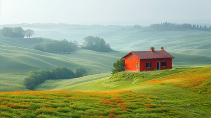 Vibrant red Tuscan farmhouse nestled amidst rolling green hills and blooming orange wildflowers under a soft, hazy sky