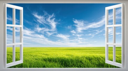 Open Window View to Green Garden and Nature Landscape