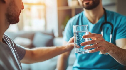 A healthcare professional demonstrating the importance of hydration by showing a patient the benefits of drinking enough water for skin and organ health. © SOEM