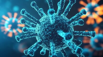 Microscopic view of blue virus cell with spiky surface, glowing background, digital illustration of infectious disease and health concept - Powered by Adobe