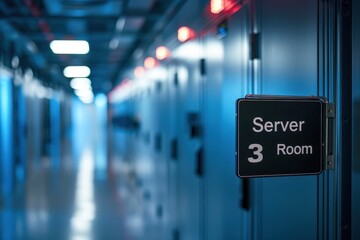 Explore the modern, high-tech server room with glowing lights and a clear 'Server Room 3' sign, perfect for IT infrastructure themes.