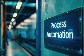Illuminated 'Process Automation' sign glows in a dimly lit, modern industrial corridor, hinting at efficiency and innovation.