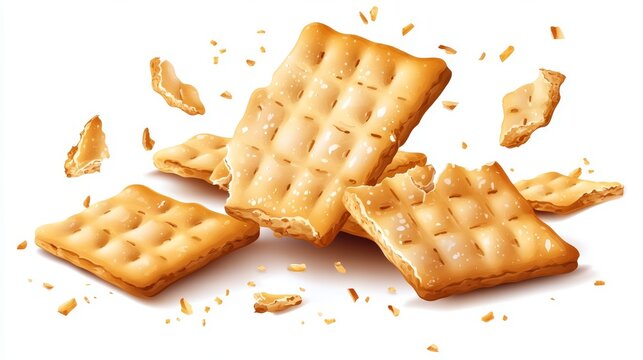 crunchy cracker with a chunk missing, detailed vector style with crispy texture and small broken pieces falling off