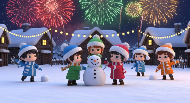 Joyful children build snowman under festive fireworks celebrating winter holiday magic - Powered by Adobe