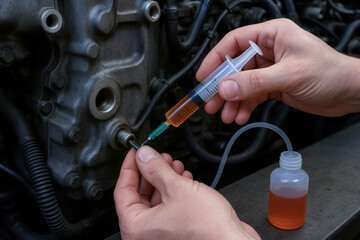 Vehicle fuel system oil analysis procedure with technician extracting fluid using syringe for laboratory testing and industry monitoring