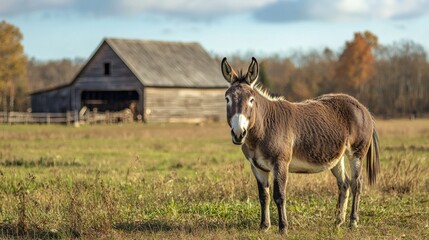 A donkey standing in a field with a rustic barn in the background, calmly looking at the camera.
