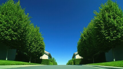 Avenue of verdant trees lining a residential street under clear bright sky in summer day creates