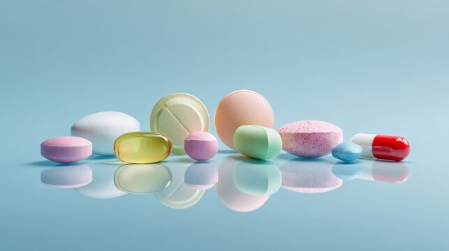 Vivid pharmaceutical wonders in a calming blue setting. Branding asset. Enhanced details of vibrant medicine on a soft blue background. High resolution. Fashion beauty.