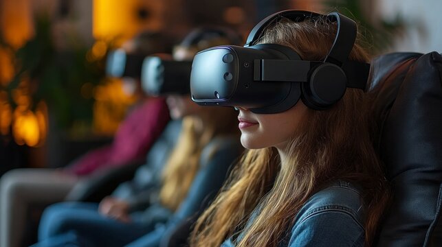 Immersive virtual reality experience enjoyed by a group of young people