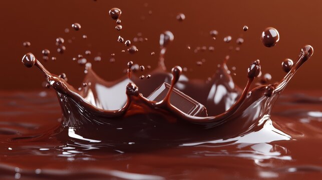 energetic chocolate splash with glossy sheen, forming crown-like arcs with embedded chocolate bar shards and tiny droplets