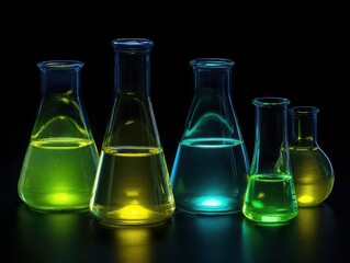 A collection of scientific Erlenmeyer flasks with glowing, colorful chemical liquids on a reflective black surface.