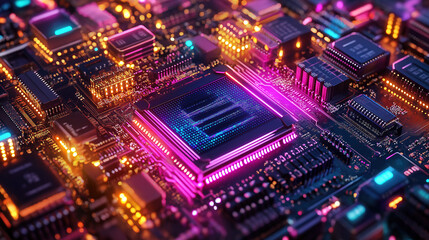 Tech Circuit Board Close-up with Blue-Purple Glowing Chip and Warm-Toned Circuits Showing Precise Internal Structure and Light Effects of Electronic Devices