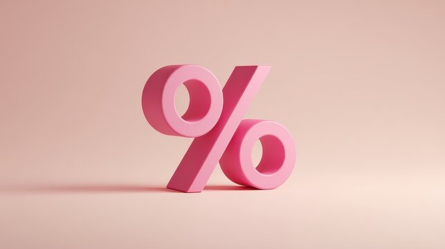 A three-dimensional pink percentage sign standing on a soft pastel pink background with a gentle shadow.