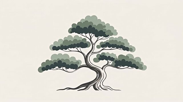 Stylized tree on cream backdrop with unique trunk shape and layered green foliage