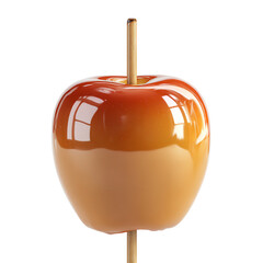 Obraz premium A caramel apple on a stick with a smooth shiny coating against a plain black studio background view