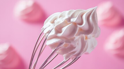 food photography closeup of a shiny metal whisk coated in freshly whipped cream, positioned on a bright blush pink background, soft shadows and airy mood